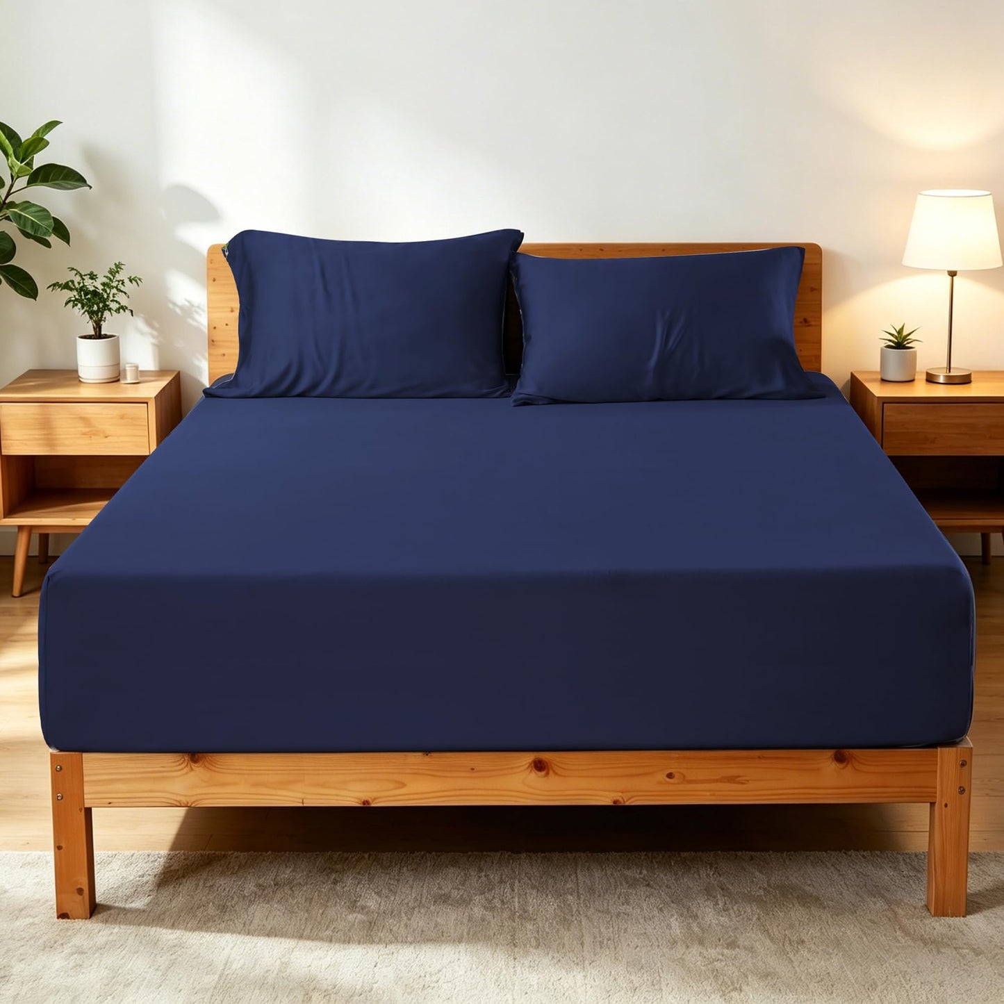 Bamboo Viscose Fitted Sheet with 16" Deep Pocket, Hotel Luxury Silky Bottom Sheet, Ultra Soft 400 Thread Count Fabric, Cooling for Hot Sleepers (Navy Blue Full)