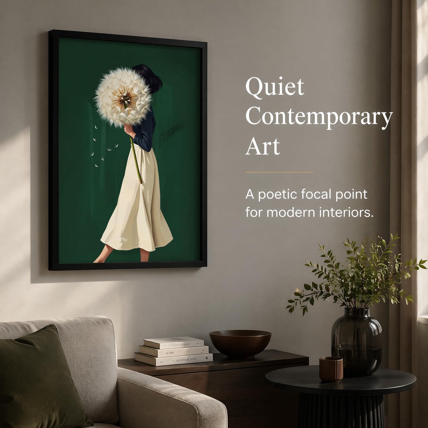 Framed Emerald Green Wall Art Woman With Dandelion Art Prints Modern Women's Minimalist Pictures Soft Botanical Painting Artwork for Living Room Bedroom Home office Wall Decor