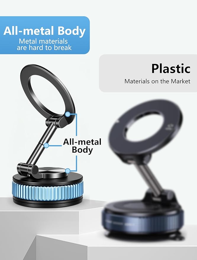Magnetic Phone Holder car，Metal Body Durable and Solid,Vacuum Suction Cup Phone Holder, Magsafe Car Mount for iPhone, Folding Holder for iPhone and Android