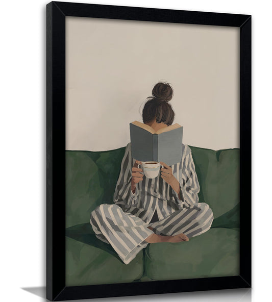 Framed Trendy Women Reading Book Wall Art Quiet Moment on The Sofa Art Prints Green Striped Painting Picture Modern Women's Minimalist Pictures Artwork for Living Room Bedroom Home office Wall Decor
