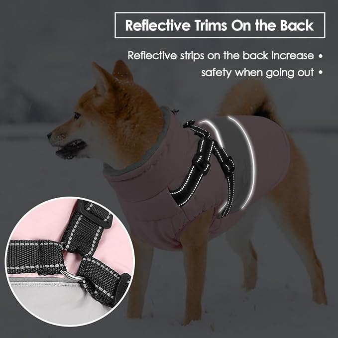 SUNFURA Dog Jacket, Large Dog Coat with Harness Built in, Warm Pet Winter Jacket Zippered Snow Coat with Furry Collar, Waterproof Fleece Snowsuit for French Bulldog, Pink L