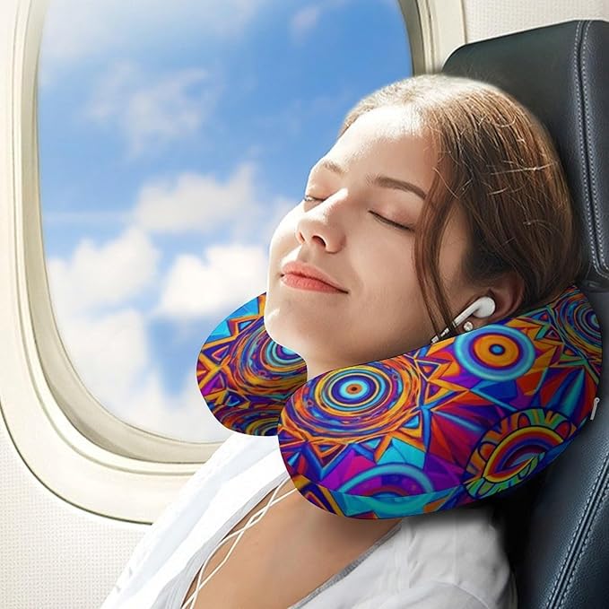 Stylish U Shaped Travel Neck Pillow Memory Foam Chin Support Colorful Kaleidoscope Pattern, Breathable Washable Cover for Airplane Car Office Decor
