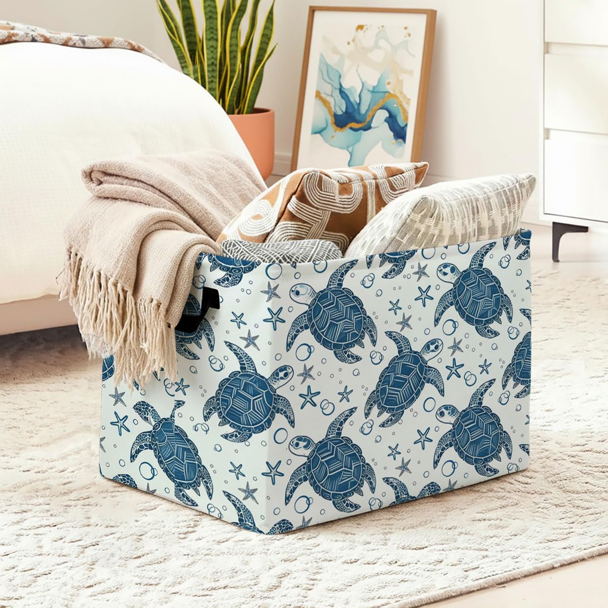 56L Sea Turtle Foldable Square Laundry Hamper with Handles – Large Clothes, Blanket & Toy Storage Basket for Home Organization.