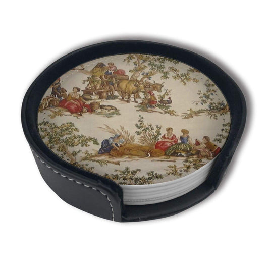 Vintage French Country Print Coasters for Drinks with Holder Leather Coasters Set of 6 Table Decor Protect Furniture from Water Marks Scratch and Damage