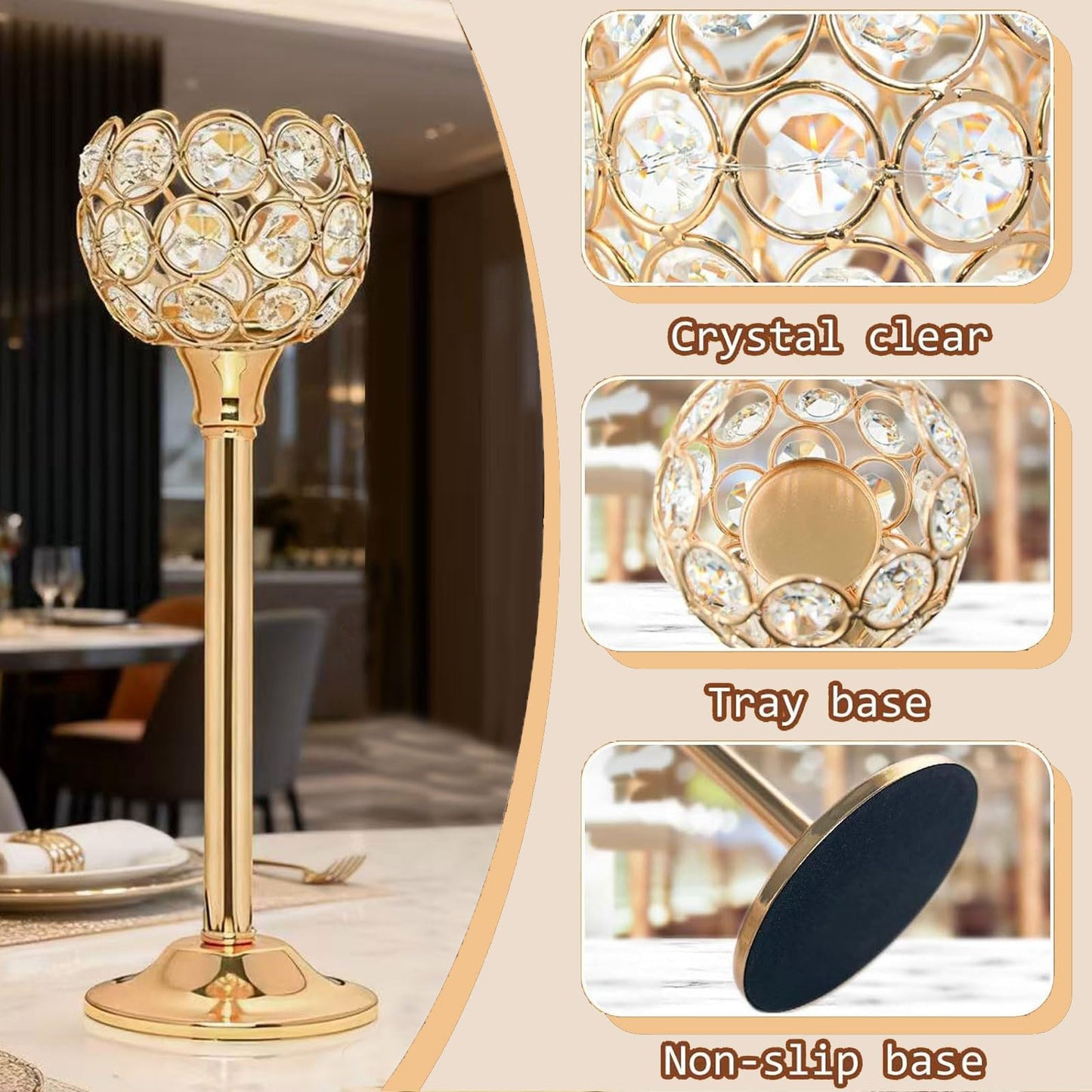 Candle Holder Candlestick Holders- 6Set Gold Crystal Pillar Candle Holders,Metal Candlestick Stands for Wedding Centerpieces,Table Decor for Church,Valentine's Day Housewarming Gift,18Pcs