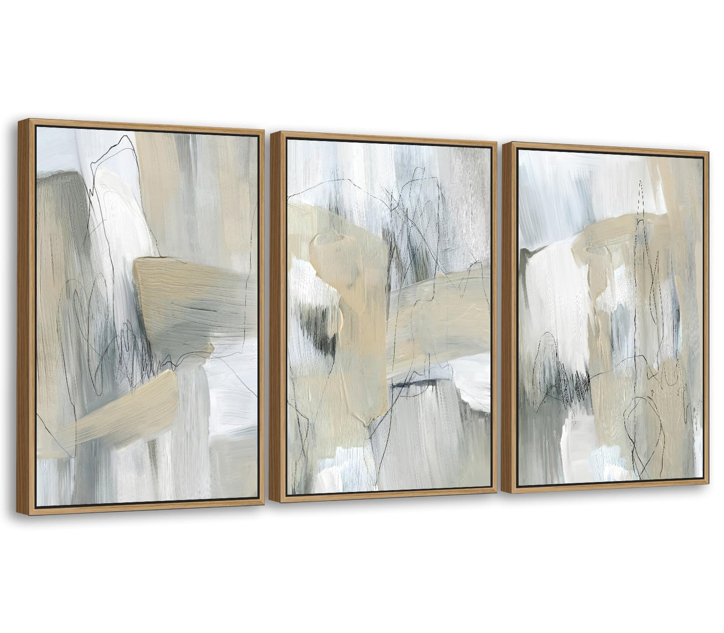 Large Framed Abstract Wall Art for Living Room Decor, Beige, 24X36inX3pcs, Neutral Abstract Painting Artwork Wall Picture, Modern Wabi-sabi Canvas Art Prints for Bedroom Bathroom Office Home