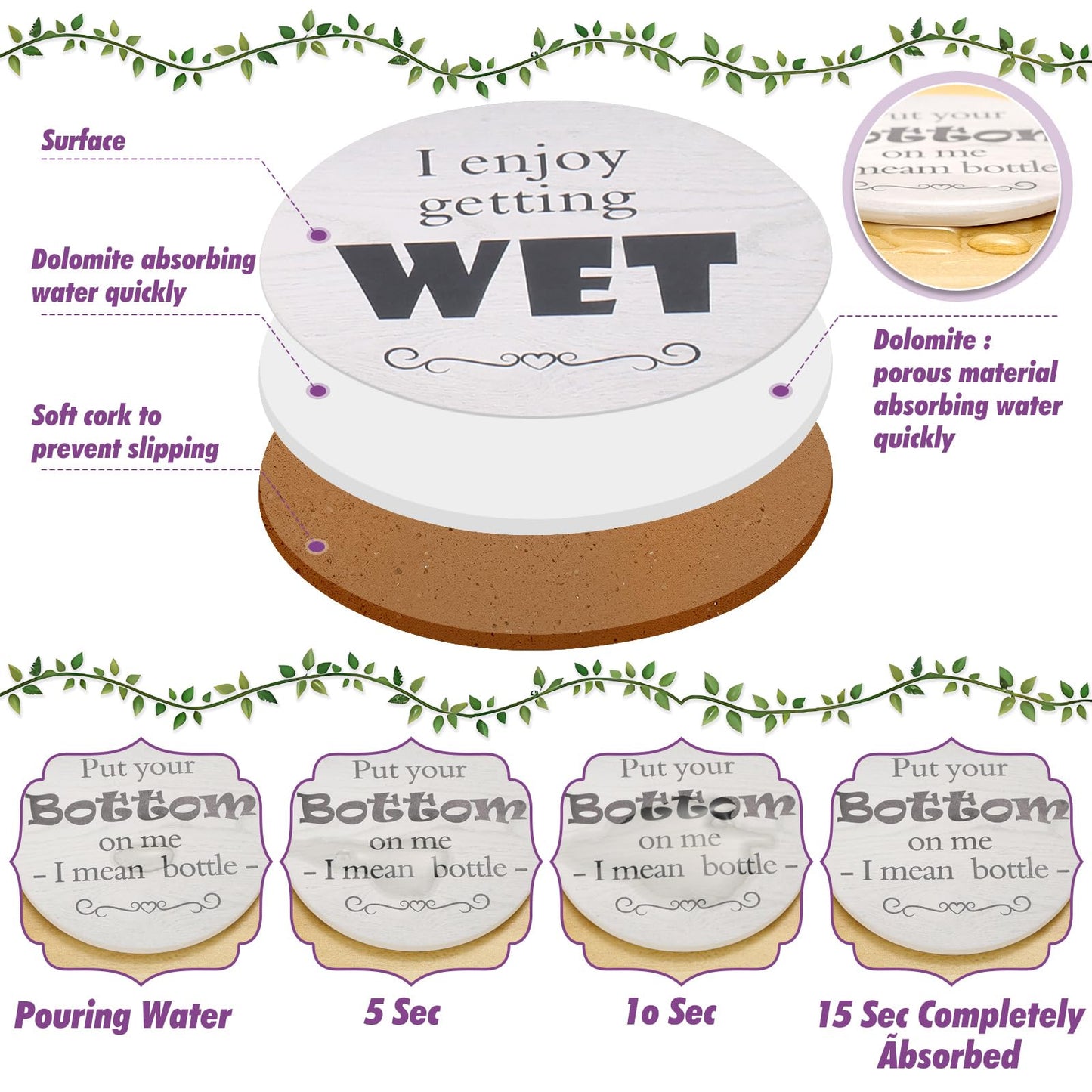 Billbotk Funny Coasters Set of 8, Ceramic Absorbent Coasters for Drink, White Elephant Gifts for Adults, 4 Inches