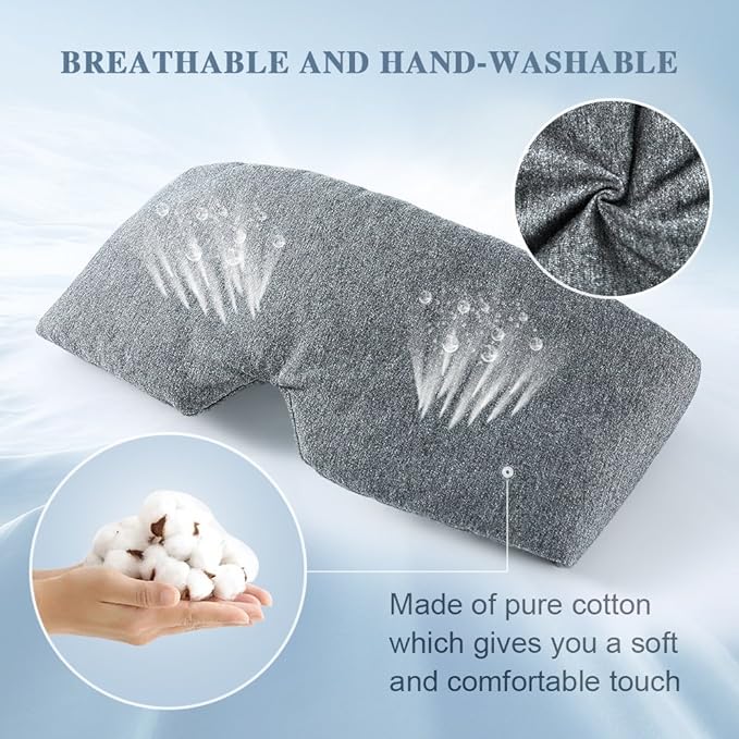 FRESHME Cotton Sleep Eye Mask for Women Men - 100% Blocking Light Travel Blindfold, Soft Zero Pressure Grey Eyes Cover with Adjustable Velcro Strap for Side Sleeper Night Sleeping, Work Nap and Yoga