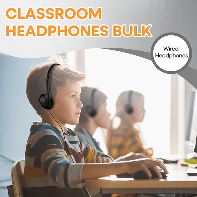 Kids Headphones Bulk 25 Pack for School Classroom K-12, Wholesale Wired Adjustable Headsets for Students Teens Children Gift and Adult (HY857,25 Black)