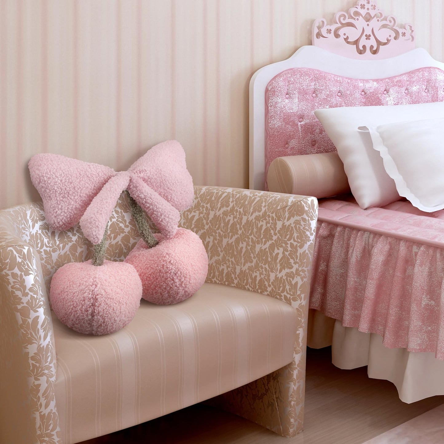 Beeveer Small Bow Cherry Throw Pillow Wool Cute Coquette Room Decor Decorative Throw Pillows Aesthetic Room Decor Bowknot Shaped Plush Cushions for Valentines Day Bedroom Sofa Couch(Pink)