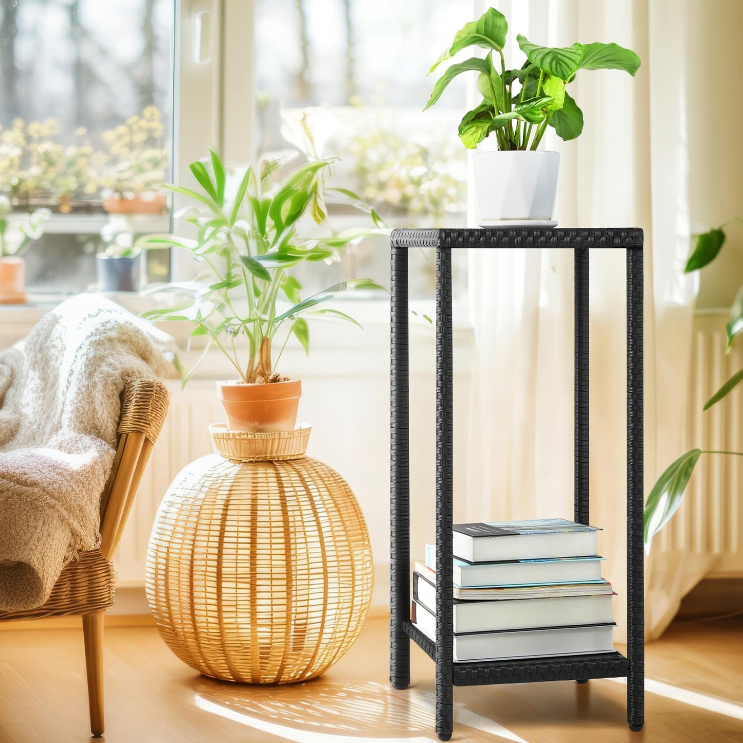 Outdoor Plant Stand for Patio 2 Tier Plant Stand Shelf with Wicker Poly Lumber Flower Pot Plant Stand Holder 31" Tall Corner Plant Display Rack with Adjustable Feet Heavy Duty for Balcony Garden Black