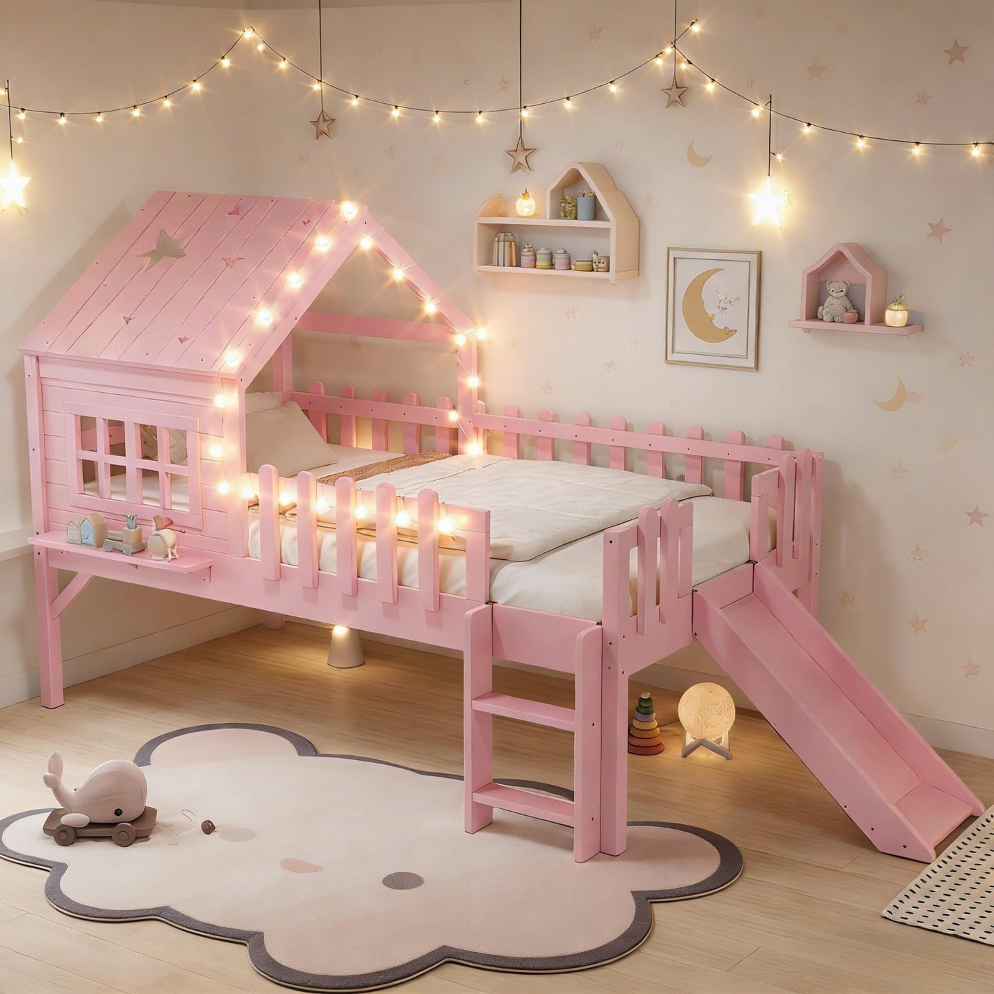 Bellemave Twin Loft Bed with Slide and Ladders, Solid Wood Low Loft Bed with Tray, Lights, Playhouse Roof, House Loftbed Frame for Kids, Boys, Girls, Childlike and No Box Spring Needed Design, Pink