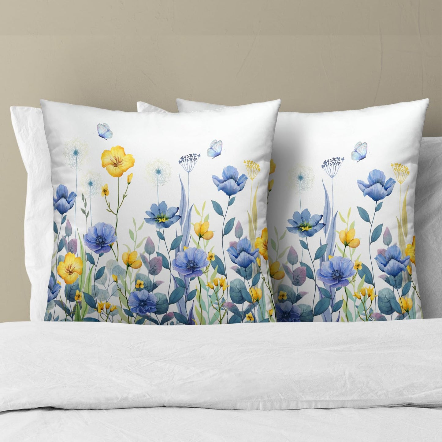 Imiss Blue Yellow Flowers Pillow Covers 18x18 Inch Set of 2, Poppy Floral Square Cushion Covers Spring Summer Seasonal Decor Pillowcase for Living Room Sofa Bedroom