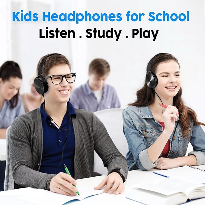 Bulk Kids Headphones for School Classroom 5-Pack,Durable Wired On-Ear 3.5mm Plug for Kids,Students,Computer,Kindle Fire,Chromebook,Laptop,Mobile Phone-Black
