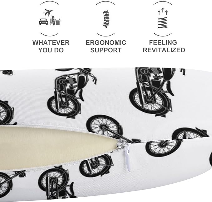 Memory Foam U-Shaped Travel Pillow Neck Pain Relief, Cool Crazy Antique Motorcycle Pattern U-Shape, Removable Cover Airplane Car Office