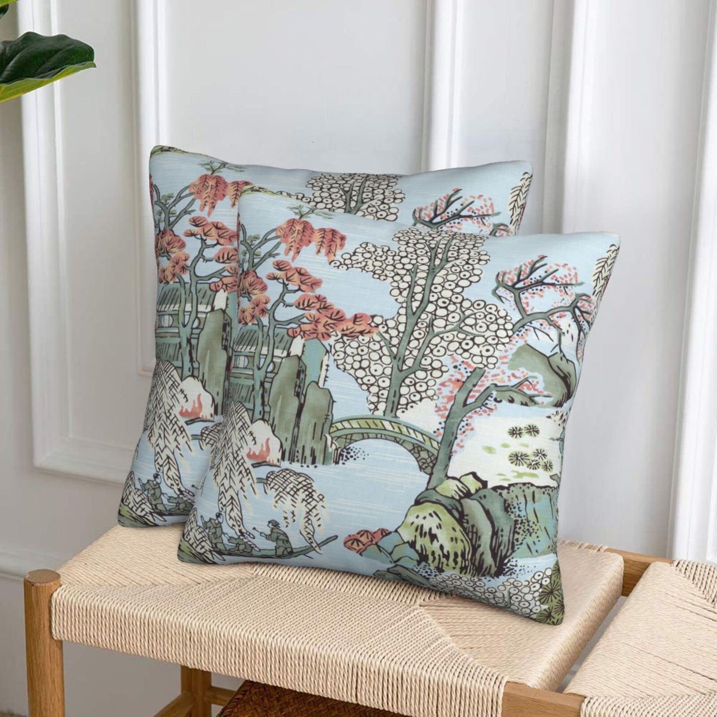 Wsunsal Chinoiserie Pillow Cover 22x22 Inch Set of 2, Asian Scenic Coral Green Blue Throw Pillows Farmhouse Chinoiserie Decorative Pillowcase Linen Cushion Cover for Home Sofa Bedroom Outdoor