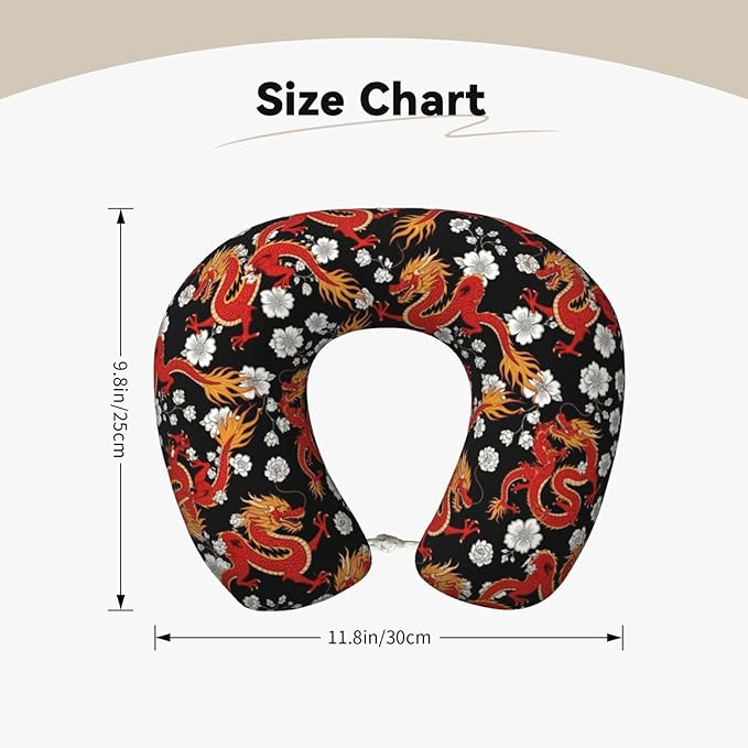 Neck Travel Pillow, Women Men Washable Airplane Car Pillows Japanese Chinese Dragon Flower Black Floral, Head Support Rest U Shaped Cushion Comfortable for Watching TV