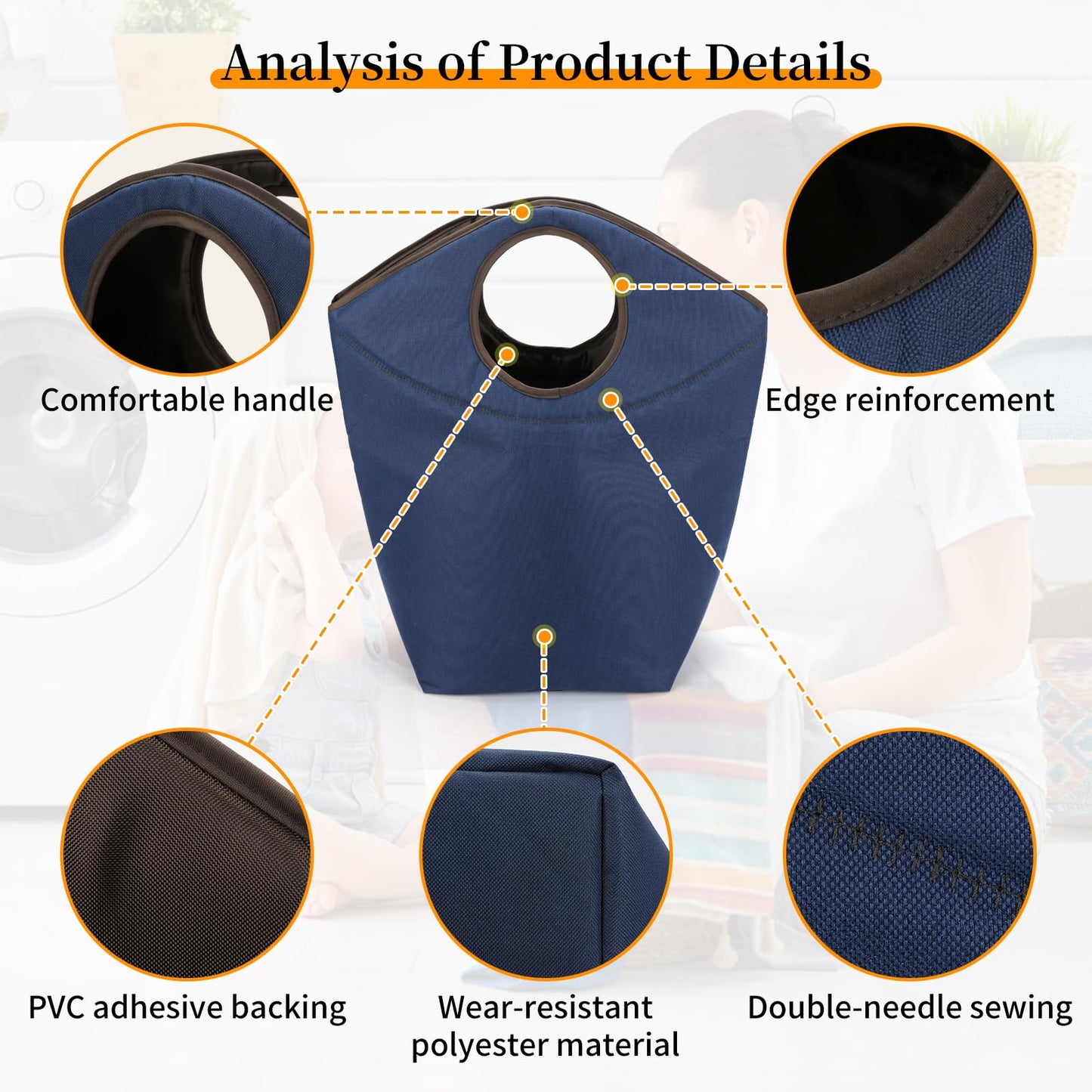 Portable Foldable Laundry Hamper with Soft Handle, 47L Collapsible Fabric Laundry Basket, Waterproof Storage Tote for Seniors, Dorm, Camping, Hanging