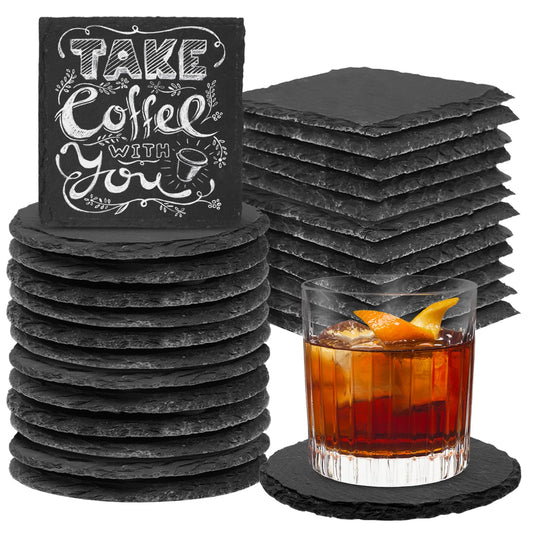 24 Pieces Slate Coasters, Diameter Size 4 inch Black Coasters Stone Coaster Set, Perfect for use in Your Home, Office, Kitchen,bar,Christmas or Anywhere.（12 Square Pieces+12 Round Pieces）