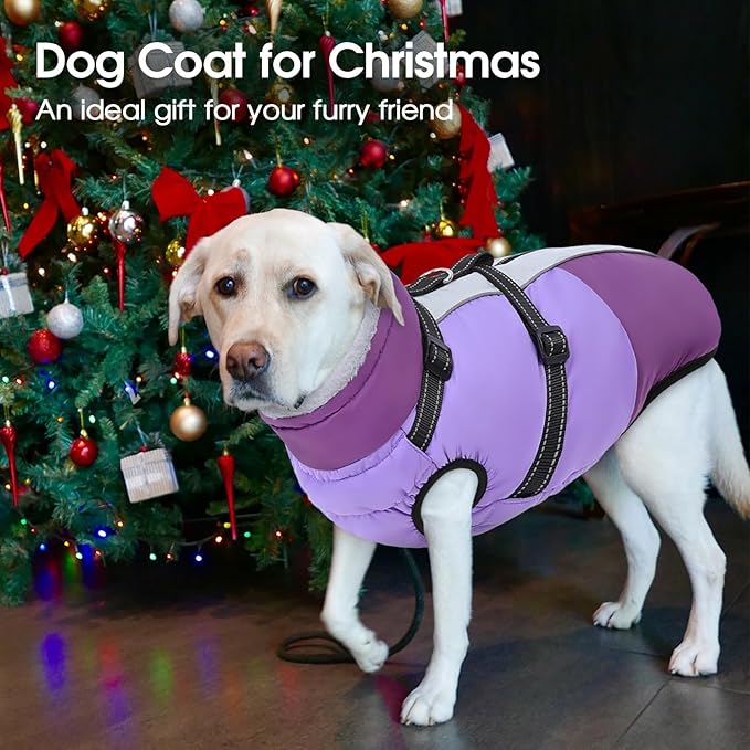 SUNFURA Dog Coat for Small Dogs, Warm Dog Winter Jacket with Harness Built in, Waterproof Pet Snow Jacket Fleece Cold Weather Coats for Puppy Chihuahua, Maltese, Purple XS
