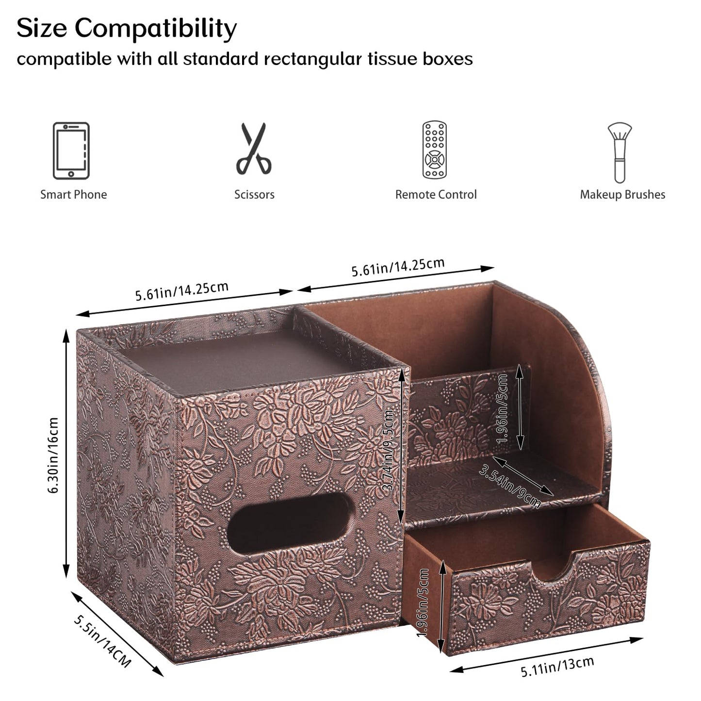 Fanousy Square Tissue Box Cover with Drawer Storage and Tray on Top, PU Leather Tissues Cube Boxes Holder, Modern Nightstand Organizer Caddy, Remote Control Holder for Bathroom, Bedside, Office, Home