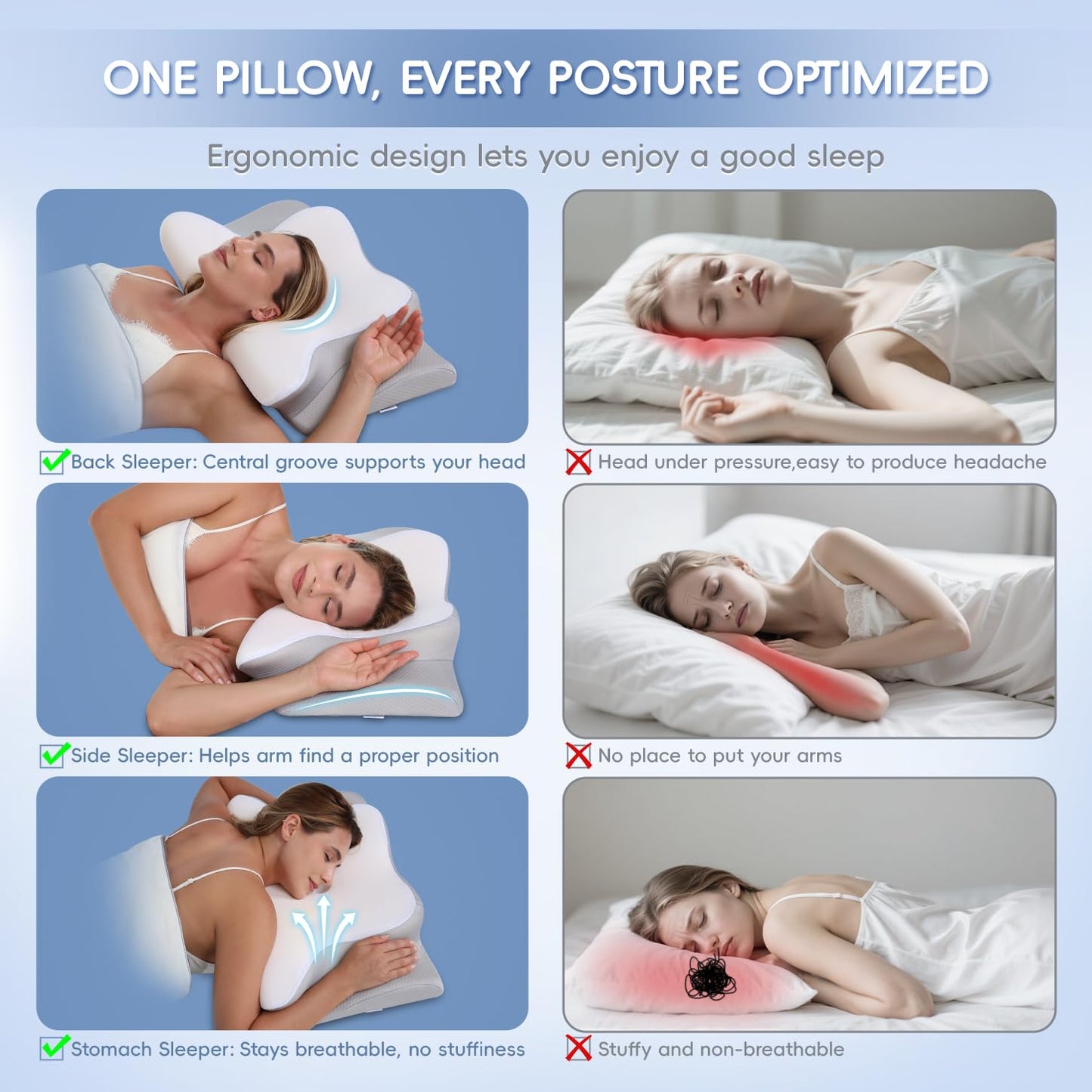 Missleep Cervical Neck Pillow, Memory Foam Pillows for Neck and Shoulder Pain Relief, 2 Heights Ergonomic Pillow with Breathable Ice Silk Cover, Neck Support Pillow for Side Sleepers White
