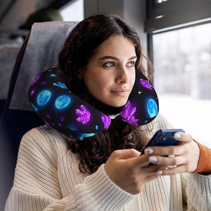 Support Neck Pillow for Youth Travel, Washable Airplane Chin Supporting and Relax U Shaped Pillows Trippy Purple Goth Moon Crystals Black Sky