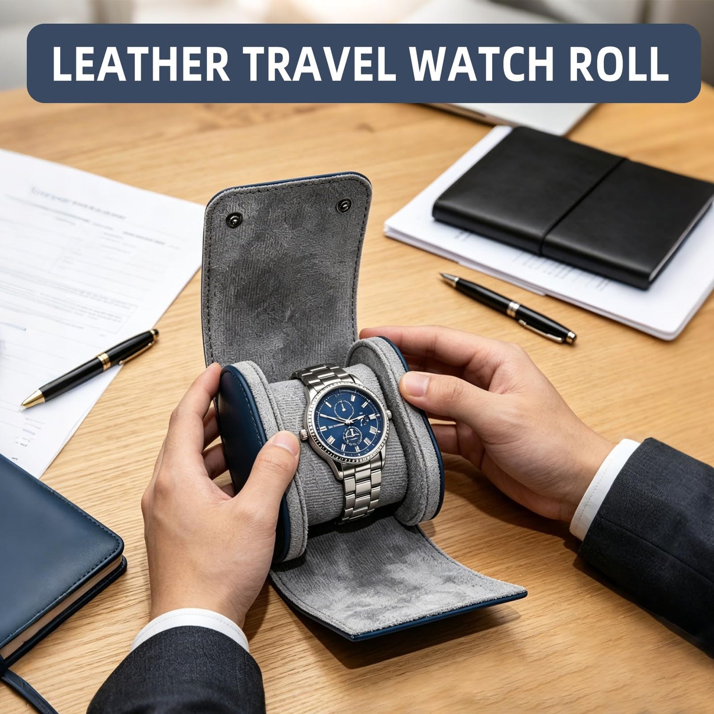 POKOTO Watch Travel Case for Men and Women, Luxury Leather Portable Watch Box Organizer for Home Storage, Travel and Display (Sapphire Blue, 1 slot)