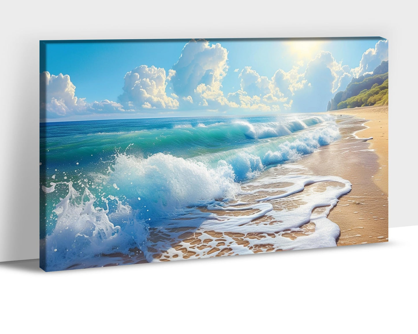 Bathroom Decor Wall Art, Blue Beach Picture Ocean Theme Canvas Prints Wall Art, Modern Coastal Seascape Painting Framed Seaside Artwork, Sunny Beach Ocean Landscape for Home Bedroom Office 12x18 Inch