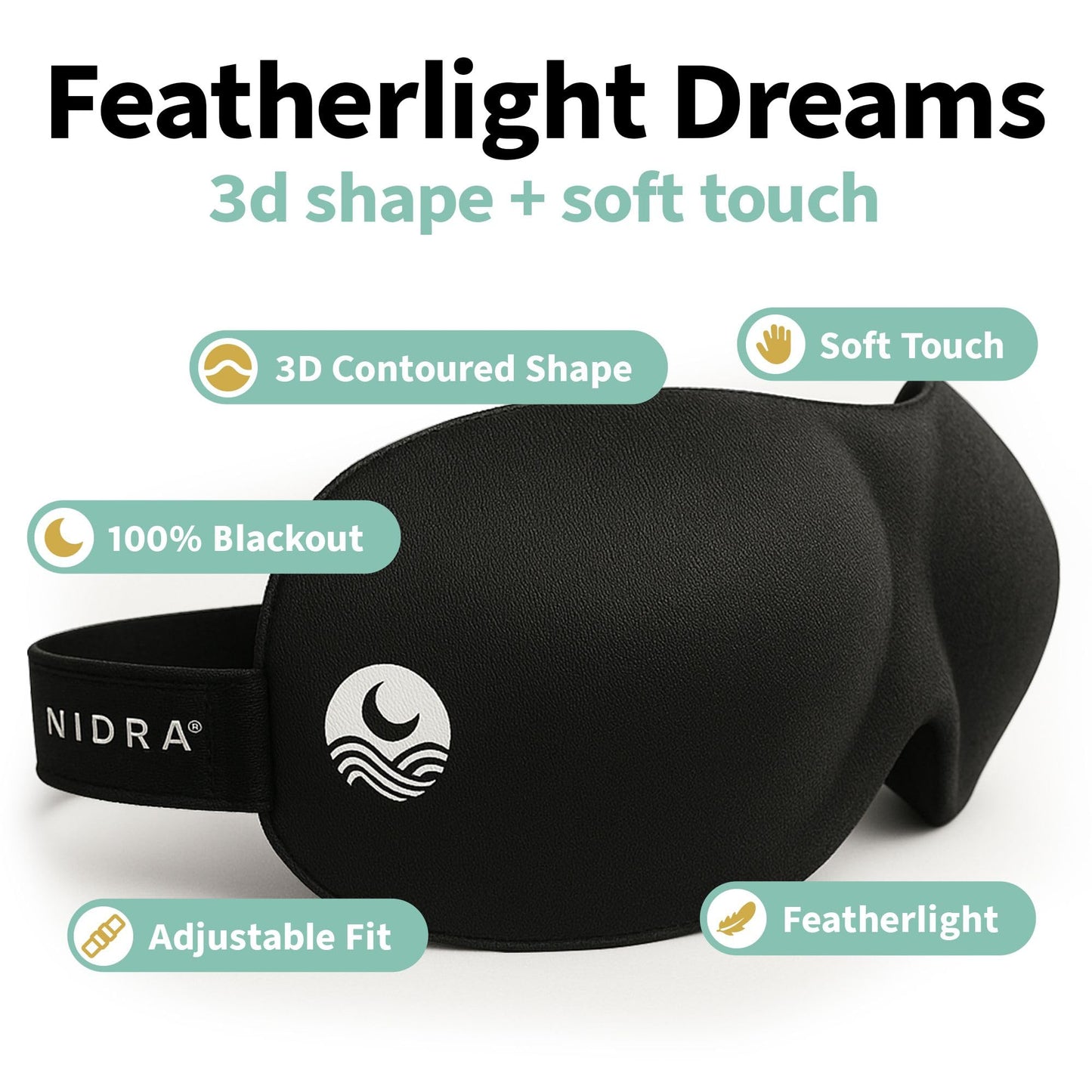 Nidra Contoured Sleep Mask for Side Sleepers – Zero Pressure Fit, Light Blocking Eye Shade for Sleeping & Travel – Black, Standard Size