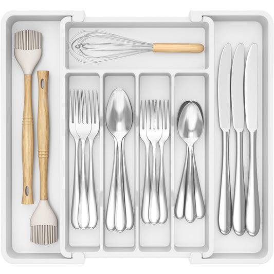 Lifewit Silverware Drawer Organizer, Expandable Utensil Tray for Kitchen, BPA Free Flatware and Cutlery Holder, Adjustable Plastic Storage for Spoons Forks Knives, 8.5-14 x 12", White