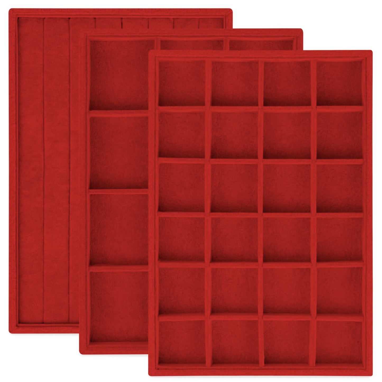 Rocutus Jewelry Trays,3 Pack Stackable Velvet Jewelry Organizer Tray Drawer Jewelry Storage Tray,Divided Ring Organizer Tray for Earrings, Necklaces, Bracelets,13.8"x9.5"x1.2" (Red)