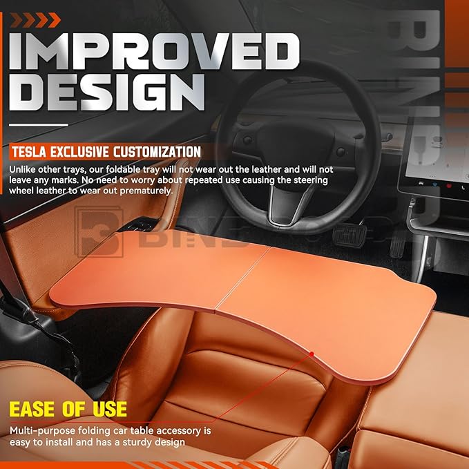 BINB ROAD Leather Tray Table Folding Car Table Compatible with Tesla Model 3 Y – Multi-Use Dining Tray & Laptop Stand, Fits Front Driver & Passenger Seats,Orange