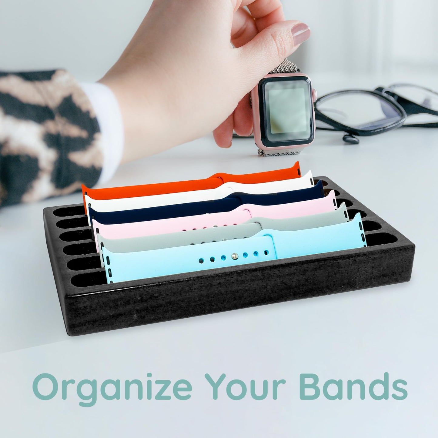 ATP MODERN Wooden Watch Band Organizer - Works with All Apple Watch Bands - Watch Band Holder - Wooden Watch Stand Display - Birthday Gift for Her (6, Black)