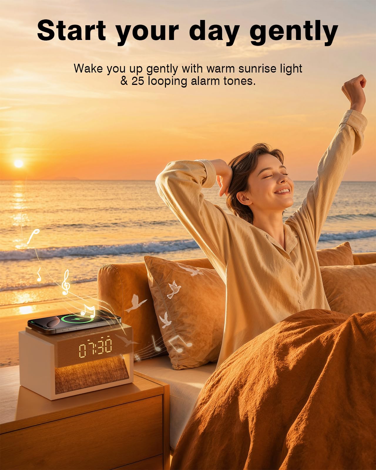 Bokefo Sunrise Alarm Clock with Wireless Charger, White Noise Sound Machine with 20 Soothing Sounds, Wake Up Light Sunlight Simulator, Bedroom Desk Clock for Heavy Sleepers Kids Adults