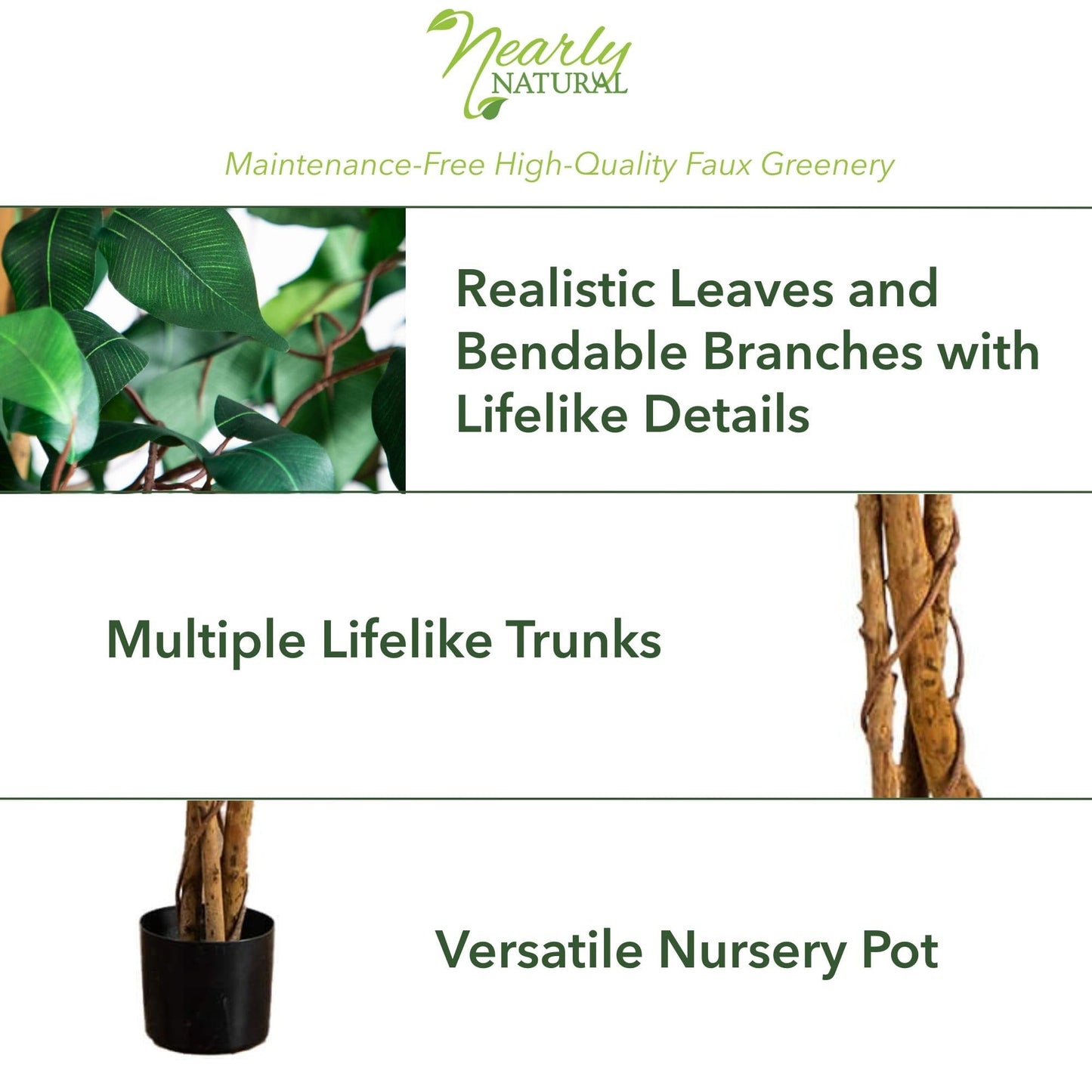 Nearly Natural 4ft Triple Trunk Ficus Silk Tree with Natural Wood Trunks and Dense Foliage, Mid-Size Faux Floor Plant for Home and Office