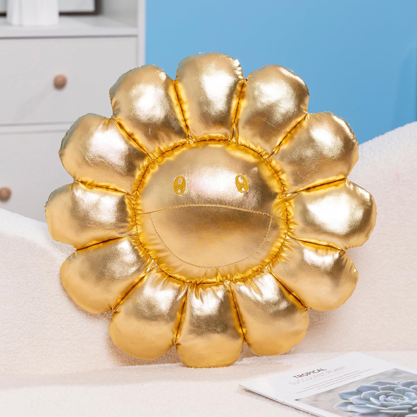 FIONOUT Gold Sunflower Pillow, 16.53 Inch Cute Sunflower Smiley Face Cushion, Soft Plush Decor for Bed Dorm Room Aesthetic Girls Women