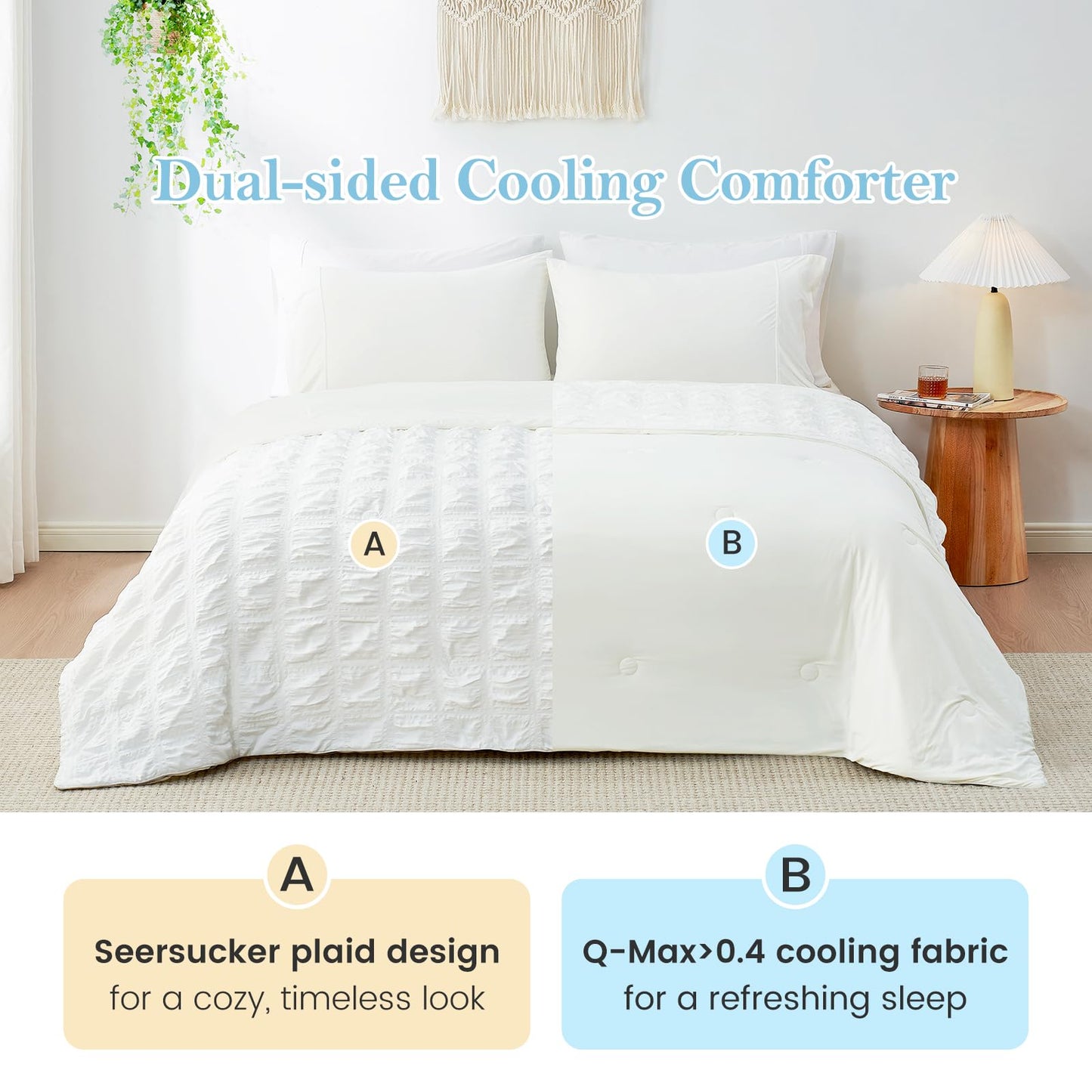 Cozy Bliss Cooling Comforter Seersucker Plaid Queen Size, Q-Max 0.45 Lightweight Cooling Blanket, Breathable Silk Smooth Summer Bedding Quilt for Hot Sleepers Night Sweats White