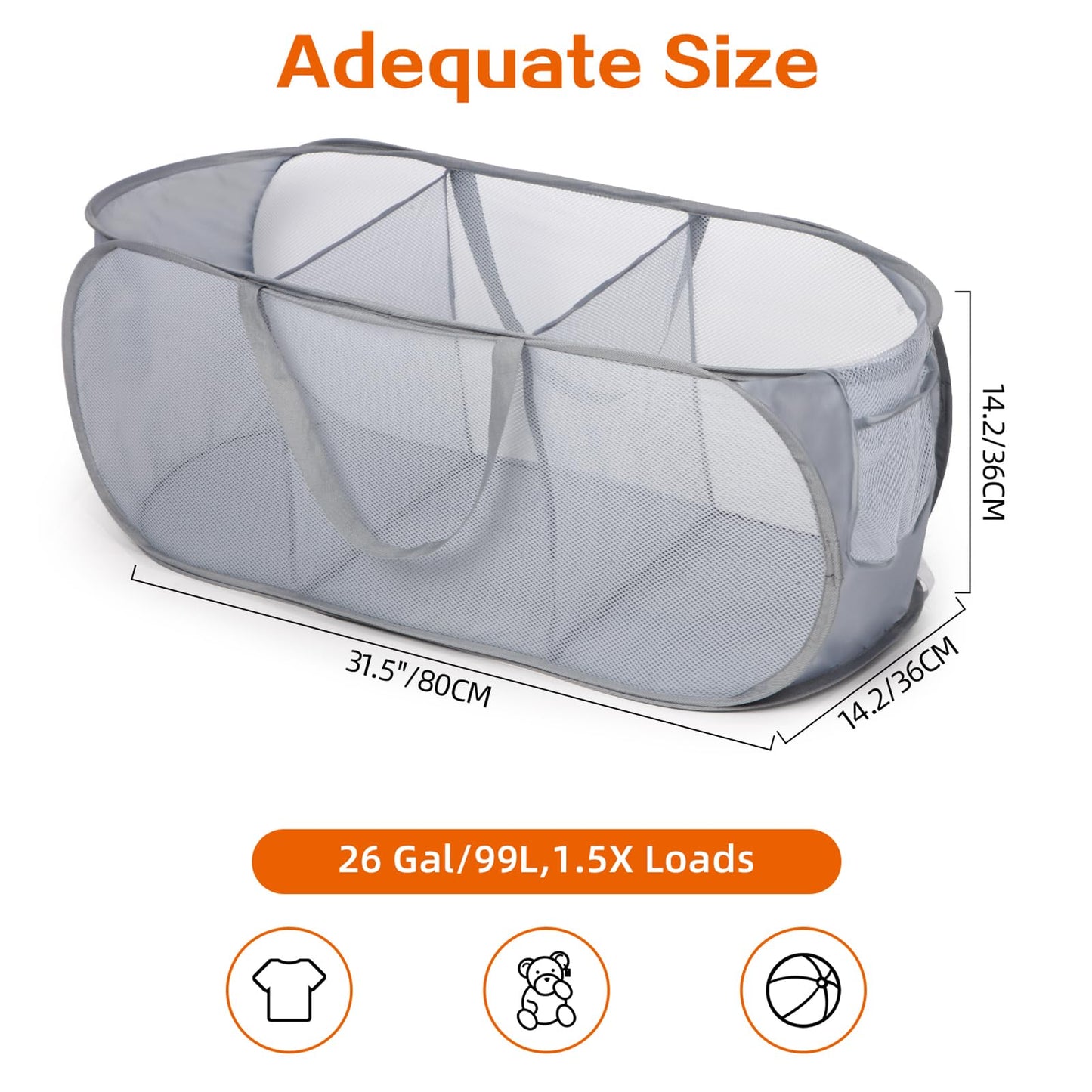 Durable Collapsible Foldable Pop Up Laundry Hamper, Sturdy 3 Compartments, Handy Pocket & Easy to Sort Clothes Hampers for Dorm, Kids Room, Travel - Grey