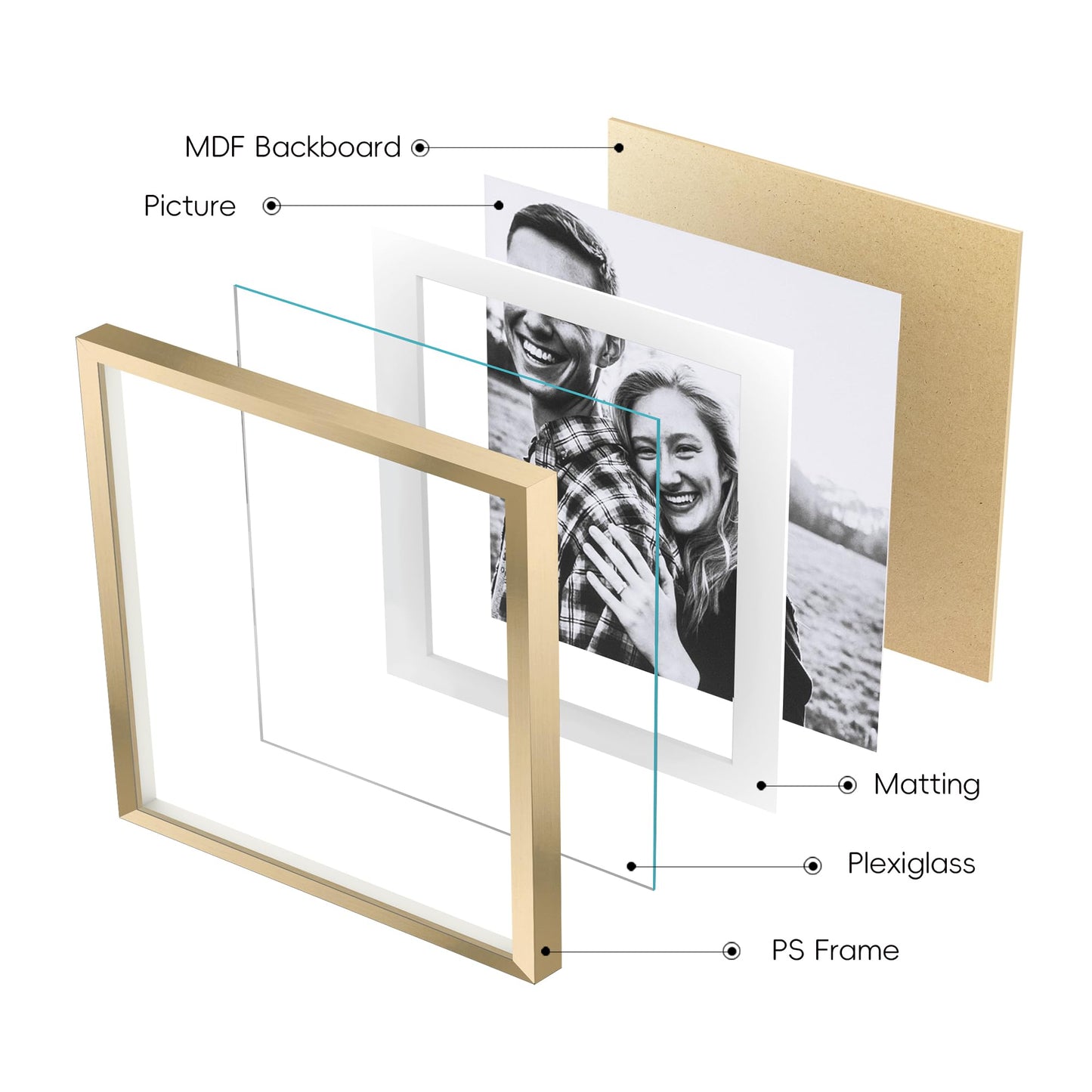ArtbyHannah Square Gold Picture Frame, Wood Gallery Wall Frame Set Display Pictures 8x8 inch with Mat or 10x10 inch Without Mat, Wall Photo Collage Frame for Living Room Staircase Decoration (9 Pack)