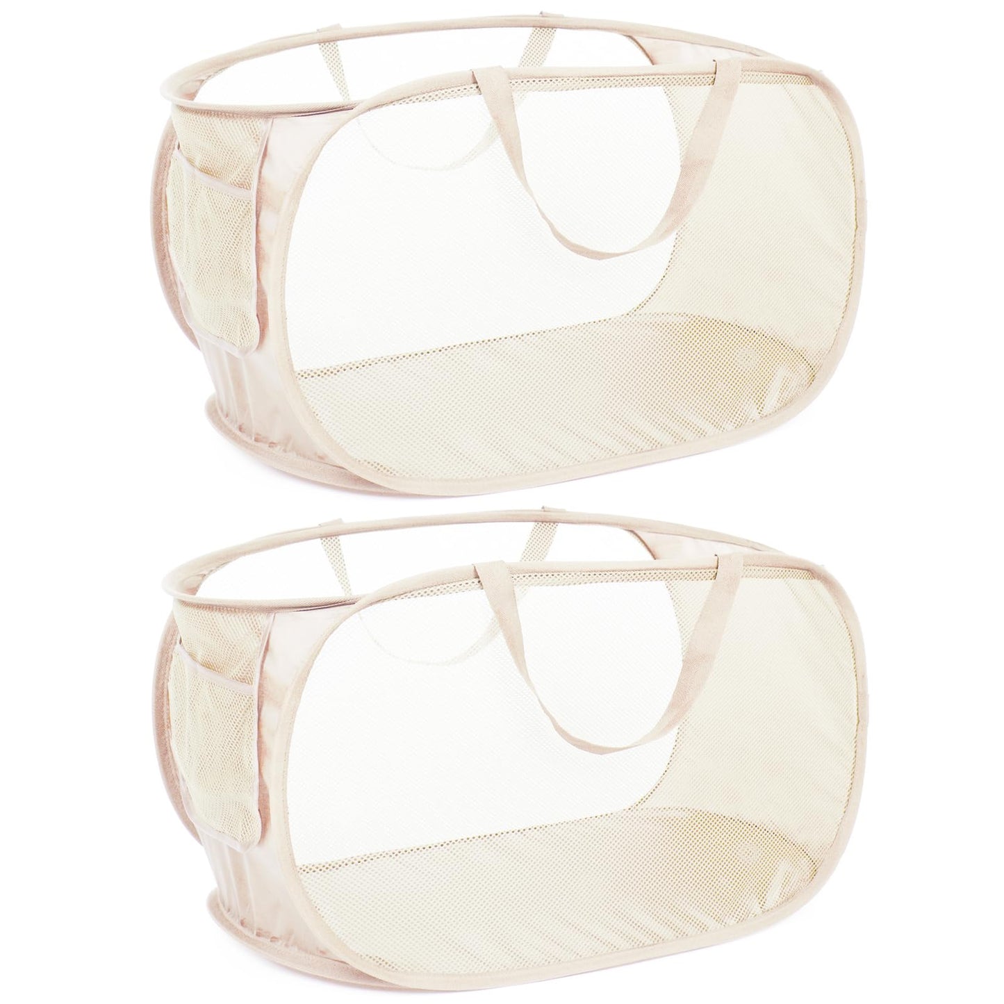Durable Collapsible Laundry Baskets, Mesh Pop Up Laundry Hamper with Side Pocket, Foldable Clothes Hamper with Reinforced Carry Handles for Laundry, Bathroom, Kids Room, Dorm or Travel 2 Pack Beige