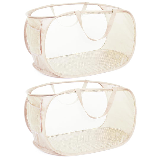 Durable Collapsible Laundry Baskets, Mesh Pop Up Laundry Hamper with Side Pocket, Foldable Clothes Hamper with Reinforced Carry Handles for Laundry, Bathroom, Kids Room, Dorm or Travel 2 Pack Beige