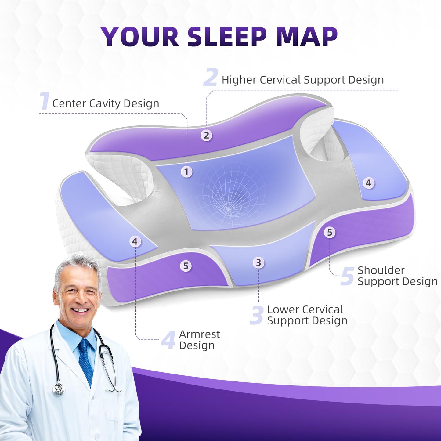 Ergo Cervical Pillow for Neck and Shoulder Pain Relief,Cooling Orthopedic Contour Memory Foam Pillows,Side Sleeper Pillows for Neck Support,King Size Bed Pillows for Back Stomach Sleepers(Ash Grey)