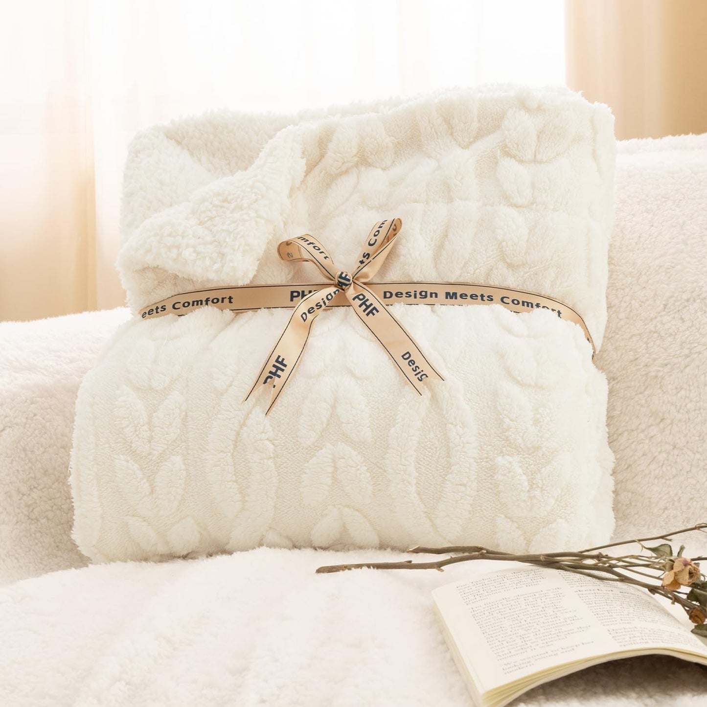 PHF Fluffy Sherpa Blanket Queen Size for Winter, Warm and Soft, 510GSM 3D Jacquard Thick Shaggy Fleece Plush Blanket for Sofa Bed, Cream, 90"x90"