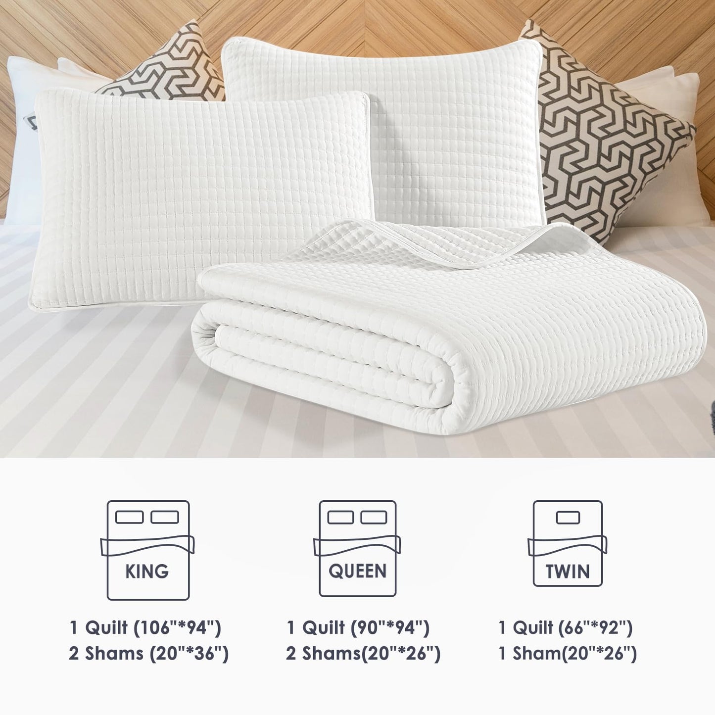 WRENSONGE White Quilt Set Queen Size-3 Pieces Lightweight Bedspreads Summer Coverlet for All Season, Soft Quilt Bedding Set with 2 Pillow Shams Suitable for Bed & Couch