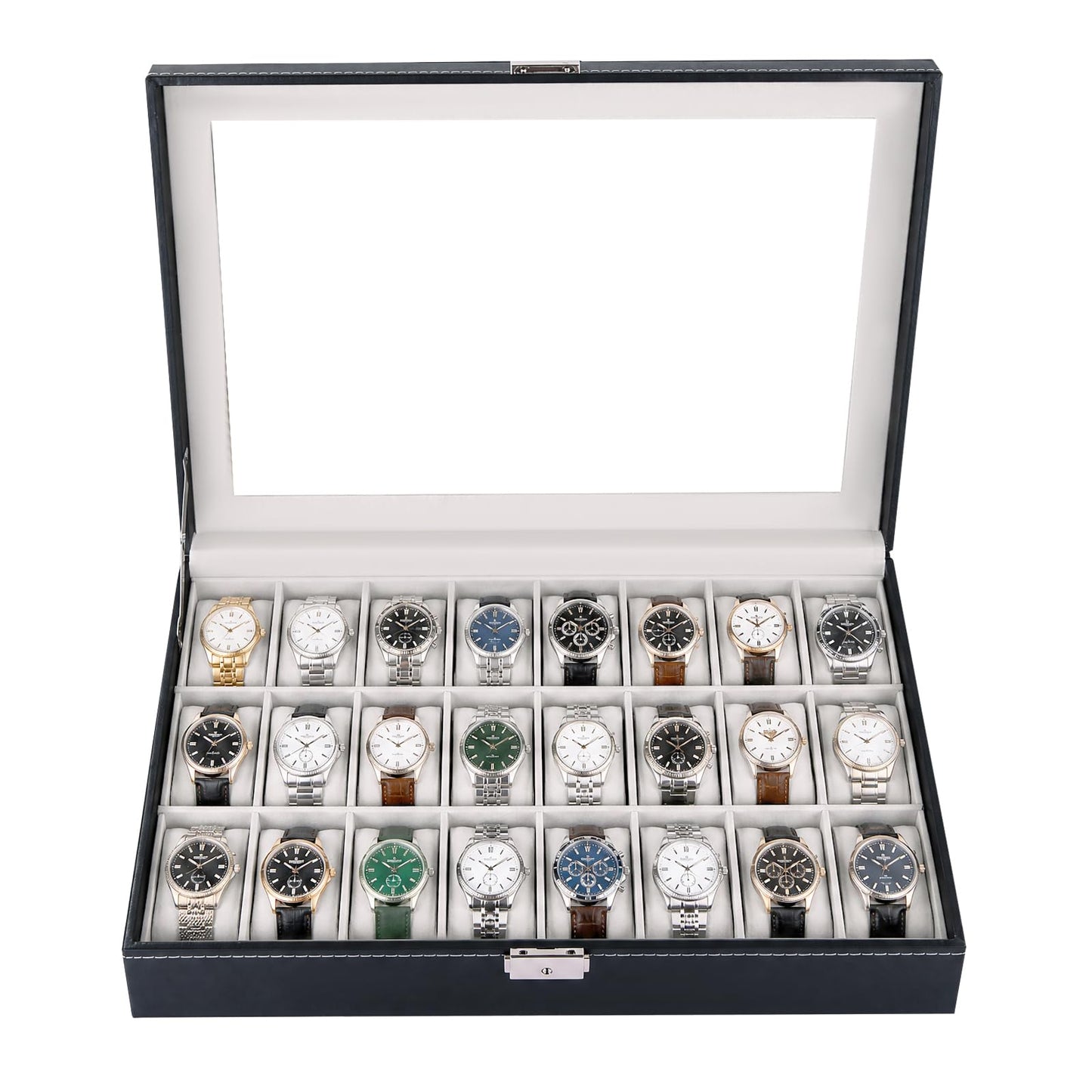 NATGAI Watch Box 24 Slots, Elegant Watch Display Case with Glass Top, PU Leather Watch Storage Box with Removable Cushion, Lockable Watch Holder Organizer for Men & Women