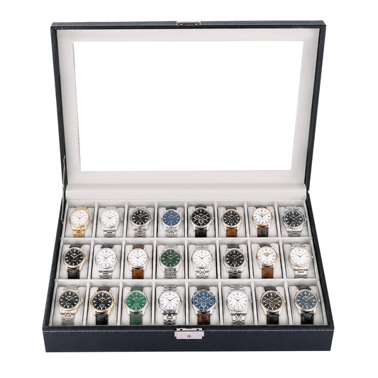 NATGAI Watch Box 24 Slots, Elegant Watch Display Case with Glass Top, PU Leather Watch Storage Box with Removable Cushion, Lockable Watch Holder Organizer for Men & Women