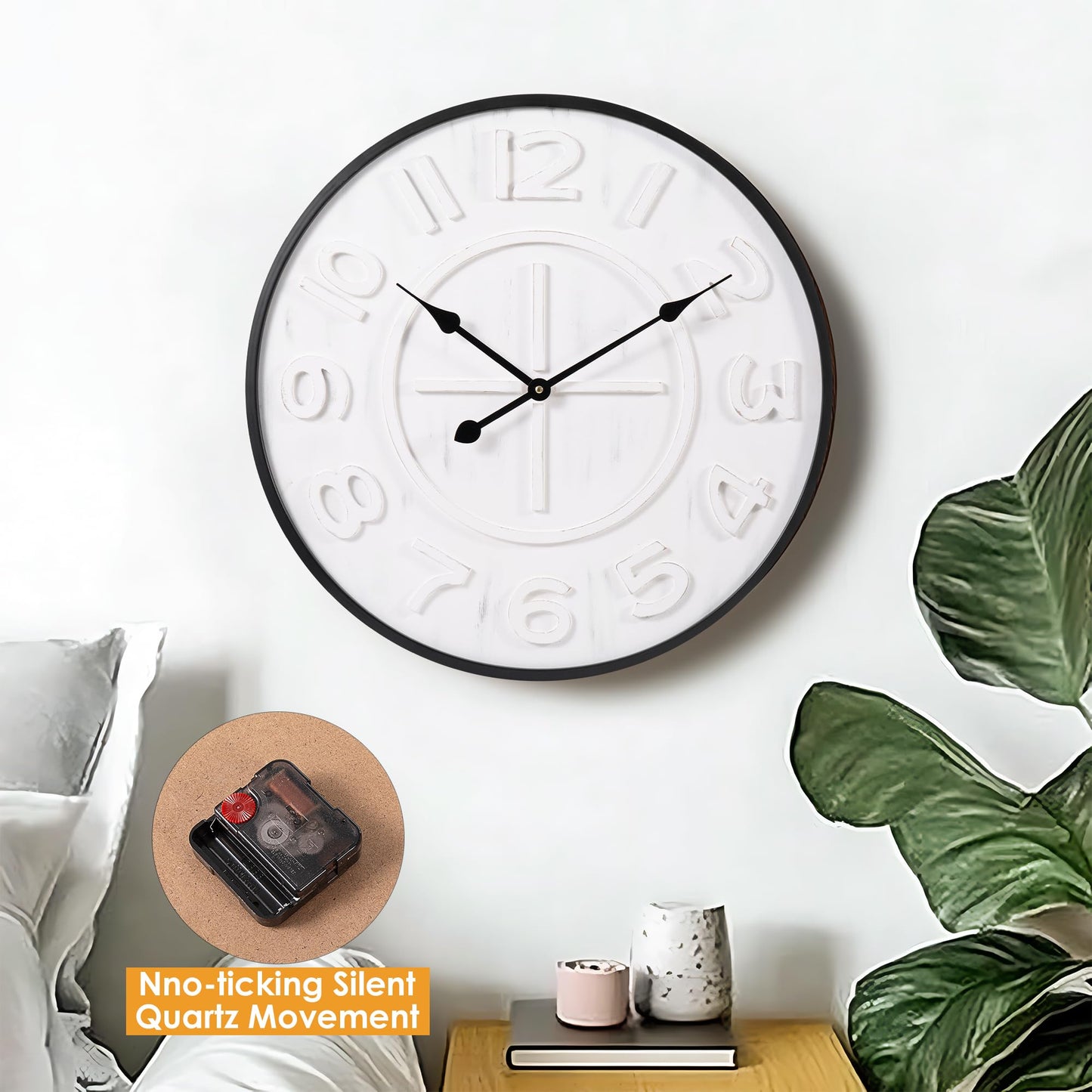 aevbibs Modern 24-Inch Wall Clock, Iron & Wood with Distressed Vintage Finish – Silent Non-Ticking Quartz Movement, Battery Operated, Easy to Hang, for Living Room, Office, Classroom