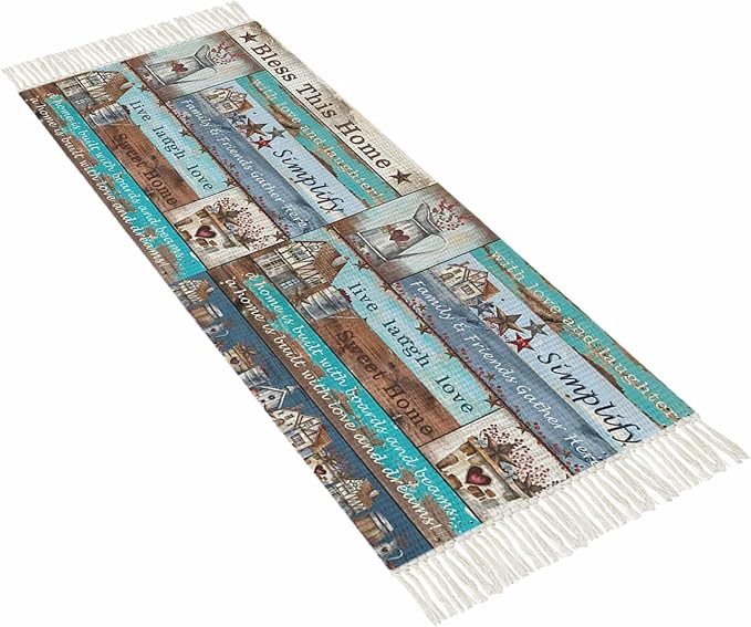 Turquoise Blue Brown Hallway Runner Rug 2X6 Ft Kitchen Carpet, Washable Woven Vintage Barn Rustic Cabin Throw Carpet with Tassel, Non-Shedding Country Star Farm Wooden Plank Bedroom Laundry Rugs