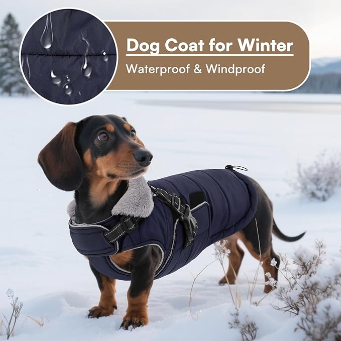 Queenmore Dog Coats for Large Dogs Winter Waterproof with Harness Built-in, Pet Puffer Warm Jacket with Harness for Snow/Cold Weather for Large Breed - Fleece Lining Easy-on Reflective, Navy L